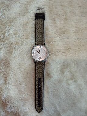 Coach Silver Dial Wristwatch with Brown Monogram Strap